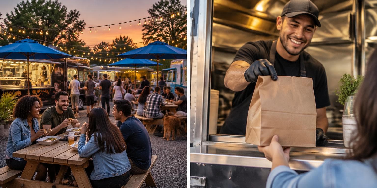 Guests enjoying food at a busy outdoor venue
